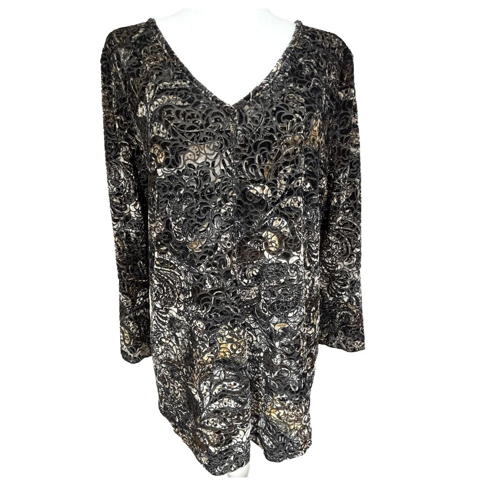 Sno Skins Tunic Top Black Gold Burnout Velvet Floral Bell Sleeve Party Boho L